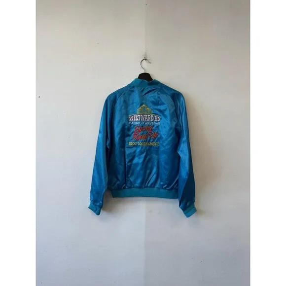 Vintage Aristo Jac Jacket Mens Medium Blue Satin Bomber Westward Ho Las Vegas